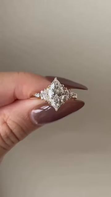 2CT Marquise Cut Lab Grown Diamond Solitaire Ring, 14K Real Gold Engagement Ring, Marquise & Round Side Stone Ring, Prong Set, IGI Certified
