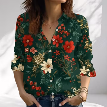Green Christmas Floral Women Blouse, Dark Botanical Shirt, Holiday Garden Top, Boho Button Up, Casual Top, Xmas Outfit, Gift For Her