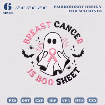 Breast Cancer Awareness Ghost Embroidery Design, Halloween Ghost Pink Machine Embroidery File, Cancer Pink Ribbon Design, In Boo Sheet File