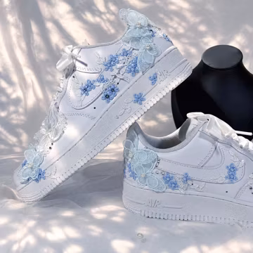Something Blue Bridal Sneakers, Blue and White Floral Butterfly Wedding Shoes, Pearl Lace Applique, Comfortable Reception Shoes for Bride