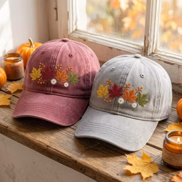 Embroidered Fall Leaves Cotton Washed Cap, Autumn Preppy Thanksgiving Spooky Season