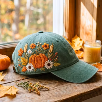 Pumpkin Han Embroidered Baseball Cap Hat, Boho Autumn Hat, Autumn Lover October Birthday Gift