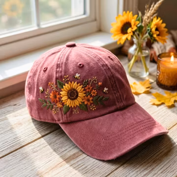 Hand Embroidered Floral Baseball Cap, Sunflower and Bee Custom Hat, Hand Stitched Cottagecore Accessories, Unique Nature Gift