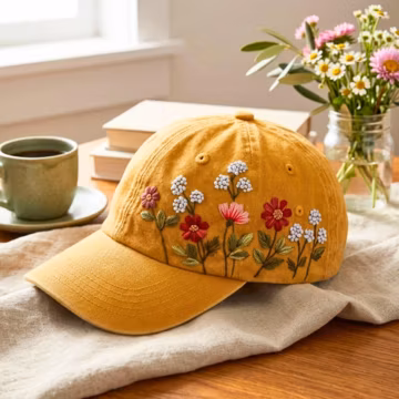 Hand Embroidered Wildflower Washed Cotton Cap, Floral Baseball Hat