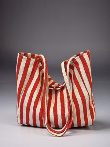 Red Striped Canvas Tote Bag Large Capacity Retro Shoulder Bag