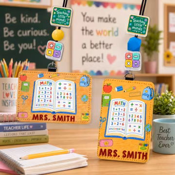 Personalized Math Teacher Badge Holder with Lanyard, Custom Name Leather ID Holder, Teaching Little Minds Teacher Gift