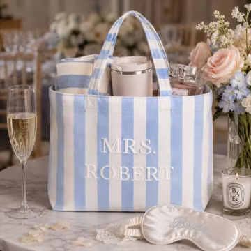 Personalized Embroidered Mrs Striped Tote Bag, Custom Bridal Tote, Canvas Wedding Bag, Bachelorette Party Favors