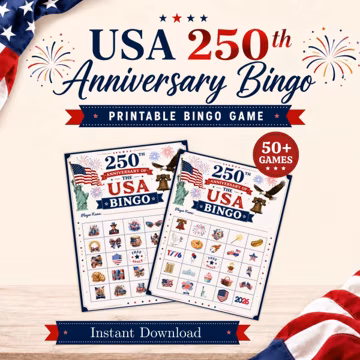 USA 250th Anniversary Bingo Game, Patriotic 4th of July Party (50+ Cards)