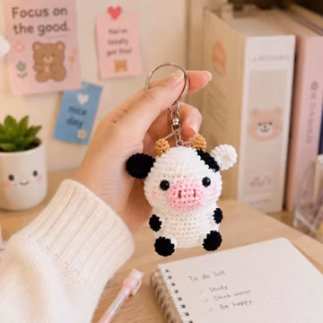 Mini Crochet Cow Keychain, Cute Amigurumi Cow Plush, Kawaii Animal Keychain, Handmade Pocket Cow Gift, Cow Lover Gift