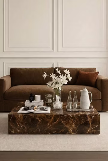 Marble Coffee Table | Monolithic Plinth Brown Base Living Room Sofa Table