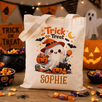 Custom Name Halloween Tote Bag, Personalized Trick or Treat Candy Bag, Spooky Season Bag, Cute Ghost Canvas Bag, Halloween Gifts for Kids