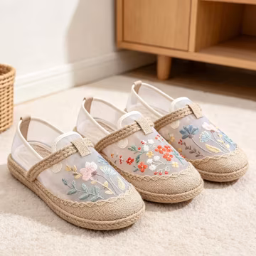 Embroidered Floral Mesh Mules, Breathable Summer Slip On Flat Shoes, Nepalese Handmade Floral Cloth Shoes, Vintage Casual Shoes for Daily