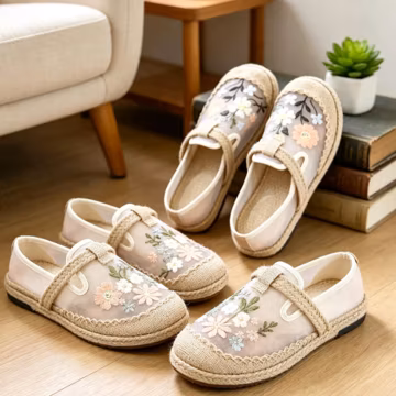 Nepal Handmade Floral Embroidered Mesh Mules, Breathable Organza Slip On Shoes, Square Toe Low Heel Anti Slip Casual Footwear for Daily Wear