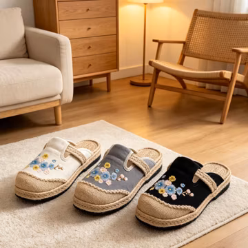 Nepal Handmade Floral Embroidered Linen Mules, Breathable Slip On Flat Slippers, Vintage Round Toe Casual Low Heel Shoes for Daily Wear