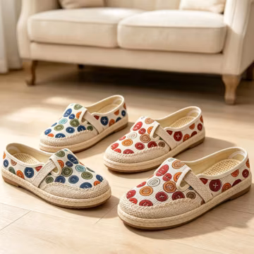 Nepal Handmade Dotted Linen Mule Shoes, Women Casual Slip On Flat Slippers, Vintage Candy Color Breathable Lightweight Daily Footwear