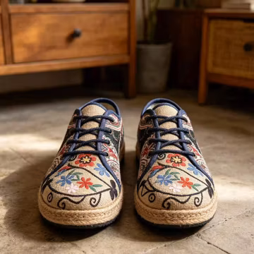 Handwoven Floral Cotton Lace Up Flats: Bohemian Ethnic Footwear