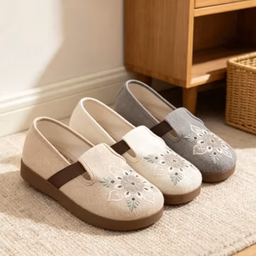 Handmade Nepal Embroidered Birken Style Cloth Shoes, Round Toe Mid Heel Slip Ons, Breathable Lightweight Anti Slip Linen Insole Footwear