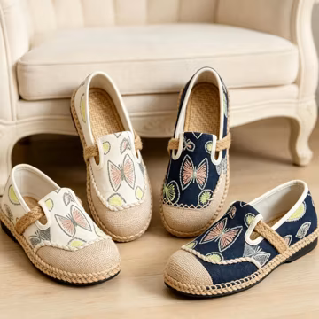 Nepal Handmade Portrait Butterfly Embroidered Flat Shoes, Women Cotton Linen Slip Ons, Sequin Decor Breathable Wear Ethnic Casual Shoes
