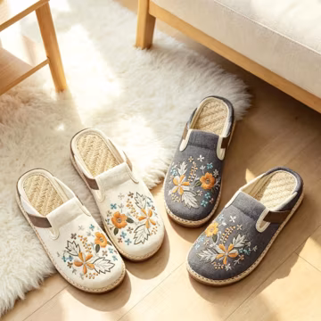 Nepal Handmade Floral Embroidered Birken Style Mules, Breathable Fabric Slip On Shoes, Round Toe Mid Heel Casual Textile Footwear for Summer