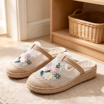 Hand Embroidered Floral Mesh Mules, Nepalese Breathable Organza Slippers, Vintage Folk Flat Slip On Shoes, Casual Floral Open Back Footwear