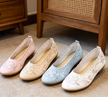 Hand-Embroidered Floral Sequin Flats: Vintage Fairy Cotton Shoes