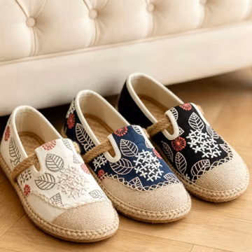 Nepal Handmade Floral Embroidered Linen Flat Shoes, Women Round Toe Cotton Linen Slip Ons, Breathable Lightweight Ethnic Casual Footwear