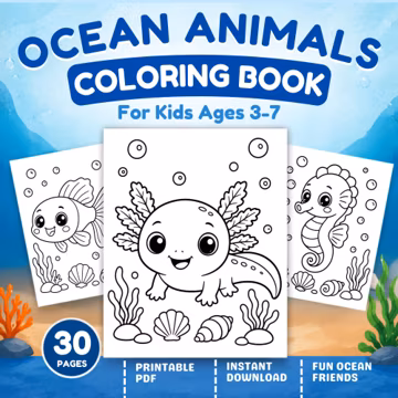 Ocean Animals Coloring Book for Kids | Cute Sea Animal Coloring Pages | Instant Download)
