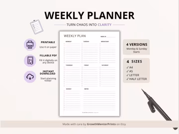 Weekly Planner Printable | Fillable PDF Organizer (Instant Download)