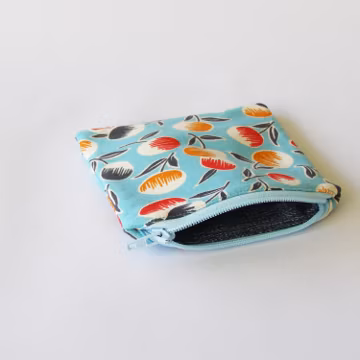 zip up bag - modern bubble flowers - small sky blue coin purse / purse organizer with white, navy, red, and orange flower pattern
