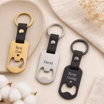 Personalized Leather Bottle Opener Keychain, Custom Engraved Name Keyring, Stainless Steel Keychain with Strap, Unique Gift for Men Dad