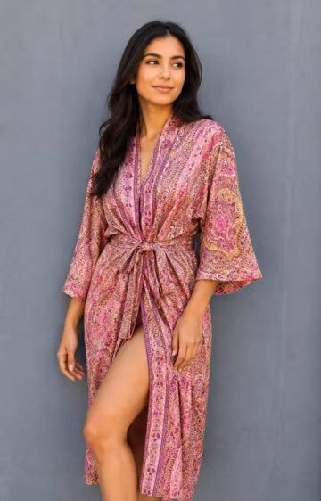 Soft Silk Midi Kimono Gown, Women Bathrobe Gown, Lightweight Robe,