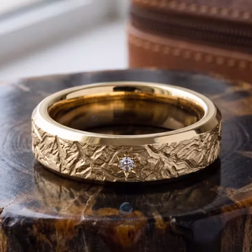 Textured Mens Wedding Band Round Moissanite Gold Ring Vintage Engraved Groom Anniversary Gift Unique Solitaire Starburst Bezel