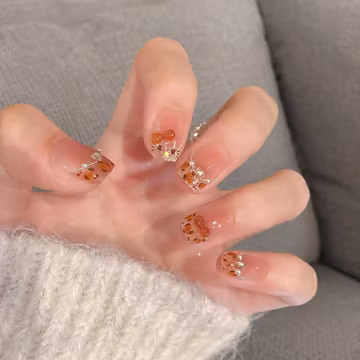 Leopard French Nails with 3D Bow, Pink Pearl Cat Eye Jelly Nails, Hello Kitty Handmade Nails, Cute Nails, Date Nails