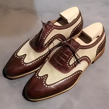 Handmade leather two tone white and brown oxford shoes for men