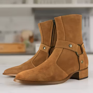 Brown Men's Pointy Toe Real Suede Leather Ankle Boots Shoe