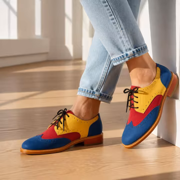 Handmade Leather Oxford Shoes, Multi Color Block Wingtip Brogues, Vibrant Blue Red Yellow Dress Shoes, Custom Vintage Spectator Shoes