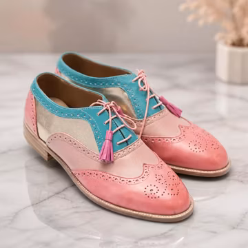 Handmade Women Pink Leather Oxford Shoes, 3 Tone Wingtip Brogues, Custom Pink Turquoise Dress Shoes, Stylish Color Block Shoes