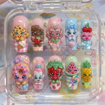 Cute Shopkins Press On Nails Handmade Custom Fake Glue On Nails 3D Strawberry Donut Cookie Watermelon Pineapple Pink Blue Pastel Candy
