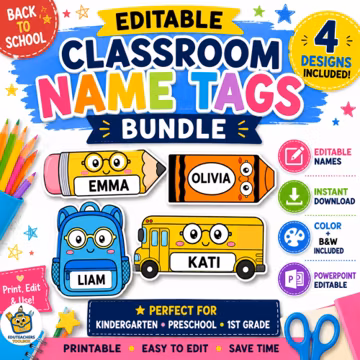 Editable Back to School Name Tags Bundle | Desk Name Plates | Pencil, Backpack, Crayon & School Bus | Printable Classroom Labels | PPTX