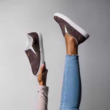 Brown Floral Slip-On Canvas Shoes, Botanical Print Sneakers, Comfortable Casual Footwear