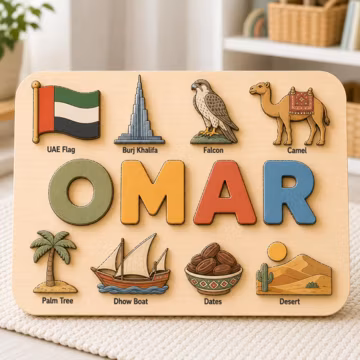 UAE Wooden Name Puzzle, Personalized Montessori Name Puzzle, UAE Travel Theme Learning Toy, Custom Kids Name Board, Nursery Gift