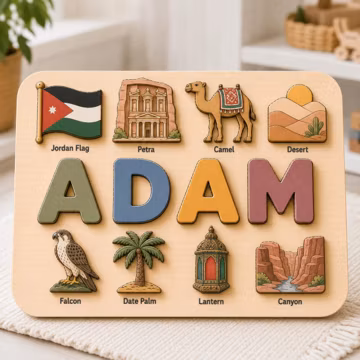 Jordan Wooden Name Puzzle, Personalized Montessori Name Puzzle, Jordan Travel Theme Learning Toy, Custom Kids Name Board, Nursery Gift