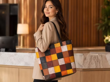 Handmade Patchwork Leather Tote Bag – Multicolor Checkerboard Shoulder Handbag