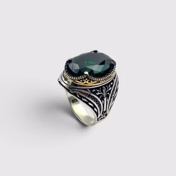 Men’s Emerald Ring, 925 Sterling Silver Floral Detail Statement Ring