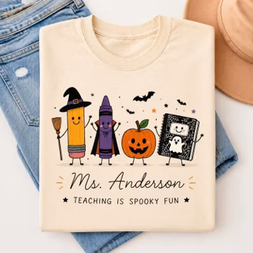 Custom Teacher Halloween Shirt, Spooky Fun Educator Tee, Cute Ghost Pencil Crayon Top, Personalized Fall School Outfit, Comfort Color
