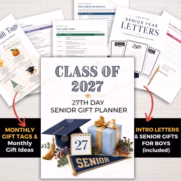 Class of 2027 27th Day Senior Gift Planner | Senior Year Countdown, Monthly Gift Ideas, Letters, Tags & Keepsake| Ideas for Boys.