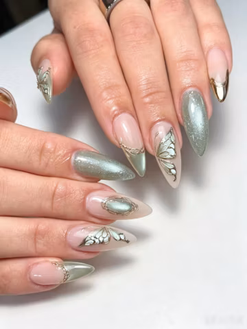Custom press on nail, Mint Green Cat Eye Fake Nails, Gold Butterfly Ornament, Fresh Luxury Handmade Reusable Press On Nail