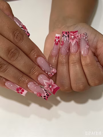 Pink Leopard Print Press on Nails with 3D Flower & Rhinestone, Bold Wedding Nail for Bachelorette Party or Night Out, Handmade Glue on Set