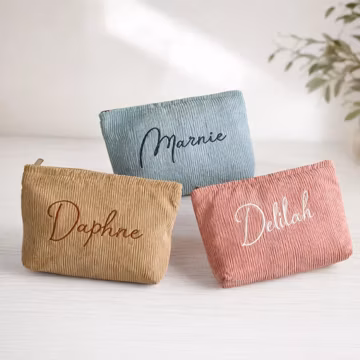 Corduroy Zippered Makeup Pouch, Personalized Embroidered Name Toiletry Bag, Portable Travel Cosmetic Organizer, Ideal Gift for Her