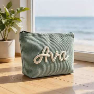 Soft Corduroy Zippered Makeup Pouch , Custom Embroidered Name Cosmetic Bag, Portable Travel Toiletry Bag, Versatile Gift for Bridesmaids